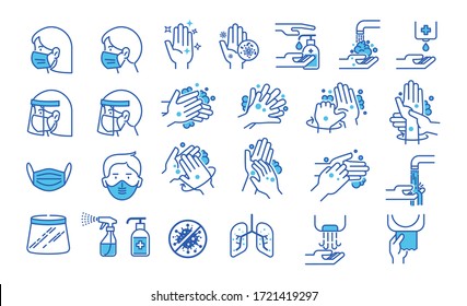Set of hand washing icons in thin line style. Hygiene icons. The icons as hand wash, soap, alcohol, detergent, anti bacterial and mask. Vector illustrations.