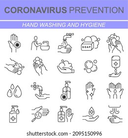 Juego de iconos de lavado de manos en línea delgada. Iconos de higiene. Los íconos como lavado de manos, jabón, alcohol, detergente, antibacterianos. Ilustraciones vectoriales.