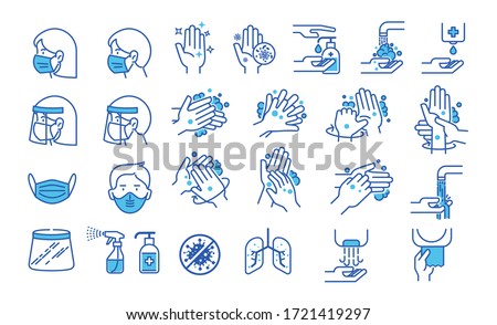 Set of hand washing icons in thin line style. Hygiene icons. The icons as hand wash, soap, alcohol, detergent, anti bacterial and mask. Vector illustrations.