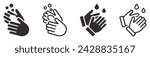 Set of hand washing icons. Wash your hands, soap bubble. Cleaning collection for web, mobile apps and ui. Disease prevention, soap drop, antiseptic, sanitizer, antibacterial symbols. Vector. EPS10.