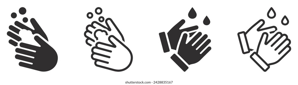 Set of hand washing icons. Wash your hands, soap bubble. Cleaning collection for web, mobile apps and ui. Disease prevention, soap drop, antiseptic, sanitizer, antibacterial symbols. Vector. EPS10.