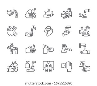 Juego de Iconos de Línea Vectora Relacionados con lavado a mano. Incluye Iconos como jabón, higiene, antiséptico y más. - vector