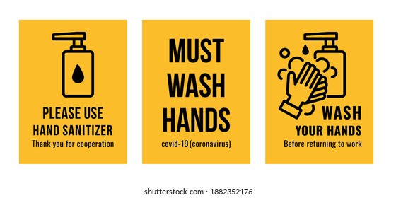 Set of Hand washing sign such as Hand Sanitizer, Must Wash Hands and Wash Your Hands. Vector Image.