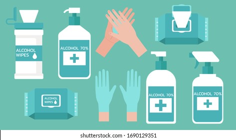 Set Of Hand Washing Supplies For Good Hygiene, Virus Prevention And Flu Protection With Hand Sanitizers, Alcohol Gel, Wet Wipes And Gloves, Flat Vector Illustration