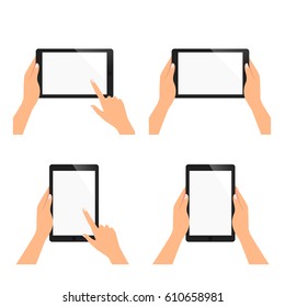 set of hand of women is holding tablet to read the content, pointing on the blank screen for add object vector illustration