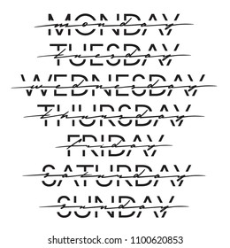 Set of hand writing days of the week. Strikeout font with calligraphic modern style. Headers for schedule and bullet journal.