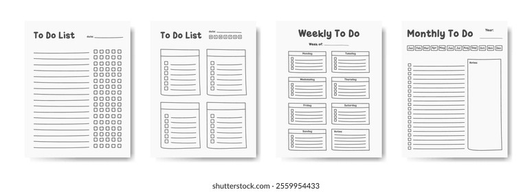 A set of hand writing four black-and-white to-do list templates for daily, weekly, and monthly planning. Perfect for productivity tools, planners, organizers, and time management designs.