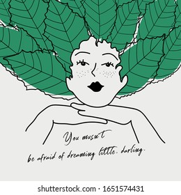 conjunto de escritura a mano, cita positiva e ilustración aislada de mujer con el cabello de hojas verdes. estilo vintage y simple, papel pintado, publicación diaria, tarjeta, foto, decoración casera, maleta de teléfono, tarta.