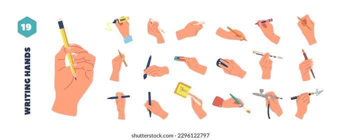 Set of Hand with Writing Tools and Items, Pen, Pencil, Quill Pen or Paintbrush, Eraser, Computer Mouse, Stylus Isolated