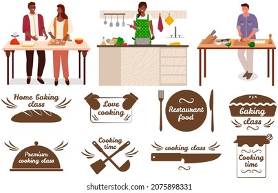 Set of hand writings about kitchen and cooking. Best time, home baking, restaurant food, lets cook. Hand drawn letterings in simple style near people preparing food, creating dishes in kitchen