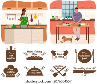 Set of hand writings about kitchen and cooking. Best time, home baking, restaurant food, lets cook. Hand drawn letterings in simple style near people preparing food, creating dishes in kitchen