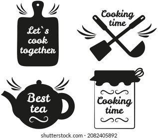 Set of hand writings about kitchen, food and cooking. Best time, home baking, restaurant food, fresh dish, cooking class, let's cook. Hand drawn letterings in simple style, ink or pen outlines