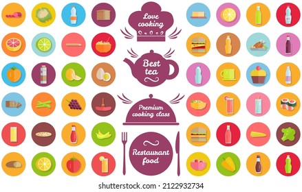 Set of hand writings about kitchen and cooking. Best time, home baking, restaurant fresh dish, cooking class, lets cook. Hand drawn letterings in simple style near icons of food and drinks