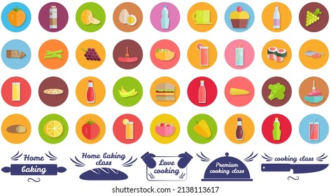 Set of hand writings about kitchen and cooking. Best time, home baking, restaurant fresh dish, cooking class, let's cook. Hand drawn letterings in simple style near icons of food and drinks