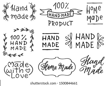 Conjunto de escritos de mano : hecho a mano, hecho en casa. Objetos aislados vectoriales en blanco y negro. 