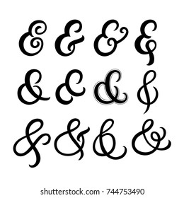Set of hand written ampersands. Modern brush calligraphy, lettering, typography. Design for invitation card. Isolated on white background. Vector illustration.