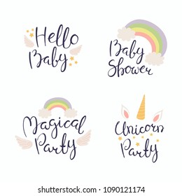 Set of hand written baby shower lettering quotes, with hearts, stars, angel wings and rainbow. Isolated objects on white background. Vector illustration. Design concept for invitation, greeting card.