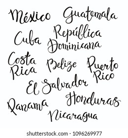 Set of hand written calligraphic lettering quotes with Central American countries names. Isolated objects on white background. Vector illustration. Design concept for banner, greeting card.