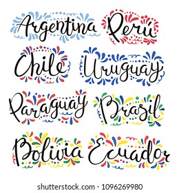 Set of hand written calligraphic lettering quotes with Latin American countries names, decorative ornament. Isolated objects on white background. Vector illustration. Design concept for banner, card.