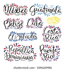 Set of hand written calligraphic lettering quotes with Latin American countries names, decorative ornament. Isolated objects on white background. Vector illustration. Design concept for banner, card.