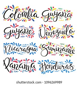 Set of hand written calligraphic lettering quotes with Latin American countries names, decorative ornament. Isolated objects on white background. Vector illustration. Design concept for banner, card.