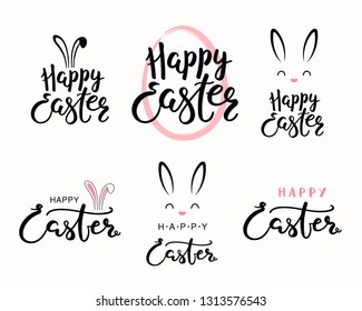 Set of hand written calligraphic lettering quotes Happy Easter, with egg outline, bunny face. Isolated objects on white background. Hand drawn vector illustration. Design concept for card, banner.