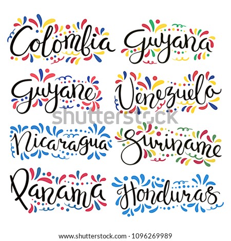 Set of hand written calligraphic lettering quotes with Latin American countries names, decorative ornament. Isolated objects on white background. Vector illustration. Design concept for banner, card.