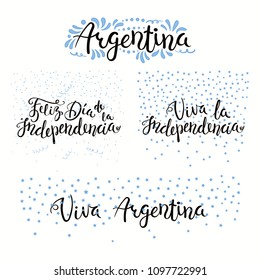 Set of hand written calligraphic Spanish lettering quotes for Argentina Independence Day with stars, confetti, in flag colors. Isolated objects. Vector illustration. Design concept banner, card.