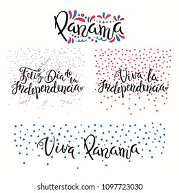 Set of hand written calligraphic Spanish lettering quotes for Panama Independence Day with stars, confetti, in flag colors. Isolated objects. Vector illustration. Design concept banner, card.