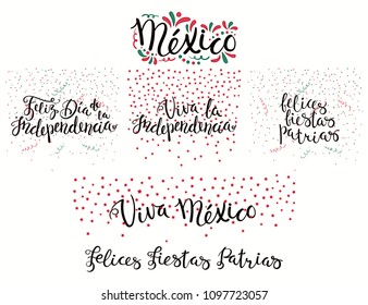 Set of hand written calligraphic Spanish lettering quotes for Mexico patriotic holidays with stars, confetti, in flag colors. Isolated objects. Vector illustration. Design concept banner, card.