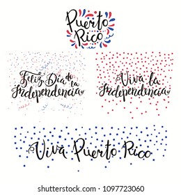 Set of hand written calligraphic Spanish lettering quotes for Puerto Rico Independence Day with stars, confetti, in flag colors. Isolated objects. Vector illustration. Design concept banner, card.