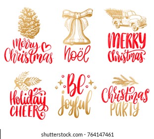 Set of hand written Christmas phrases on white background. Vector hand drawn illustrations of New Year toys and Nativity symbols for greeting card concepts, poster templates.