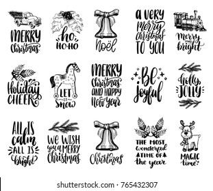 Set of hand written Christmas phrases on white background. Vector hand drawn illustrations of New Year toys and Nativity symbols for greeting card concepts, poster templates.