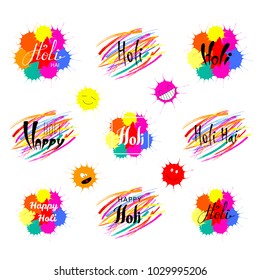 Set of hand written Holi quotes with colorful brush strokes and paint splashes. Isolated objects on white background. Vector illustration. Design concept for festival of colors, party, celebration.