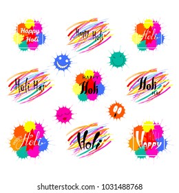 Set of hand written Holi quotes with colorful brush strokes and paint splashes. Isolated objects on white background. Vector illustration. Design concept for festival of colors, party, celebration.