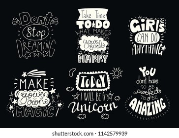 Set of hand written inspirational lettering quotes. Isolated objects. Hand drawn black and white vector illustration. Design concept for t-shirt print, motivational poster.