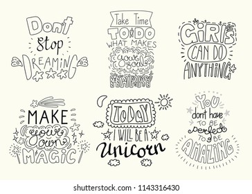 Set of hand written inspirational lettering quotes. Isolated objects. Hand drawn black and white vector illustration. Design concept for t-shirt print, motivational poster.
