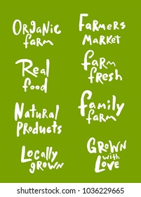 Set of hand written lettering about farm products.  Hand drawn  illustration of  vegetables.  Concept for eco food labels, farm markets, shop, vegitarian cafe.