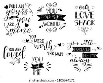 set of hand written lettering about love. for greeting cards, decoration, prints and posters. Hand drawn typography design elements.