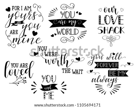 set of hand written lettering about love. for greeting cards, decoration, prints and posters. Hand drawn typography design elements.