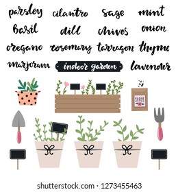 Set of hand written lettering herbs names: mint, basil, parsley,thyme,dill, lavender, rosemary,oregano. Indoor kitchen gardening set of elements, , spade, pitchfork, seeds. Indoor garden concept
