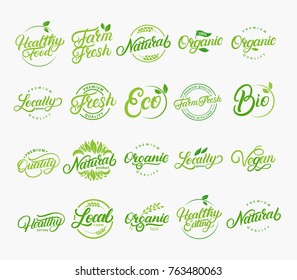 Set of hand written lettering logos of vegetarian, natural, organic, farm fresh. Healthy grown food labels, emblems. Collection for food market, organic product, healthy life, farmers market. Vector