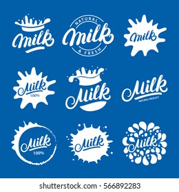 Set of hand written lettering Milk logos, labels, badges, emblems with splashes. Isolated on background. Vector illustration.