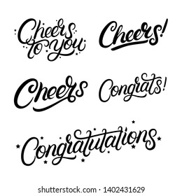 Set of hand written lettering quotes cheers, congrats, congratulations. Greeting calligraphy phrases. Vector illustration.