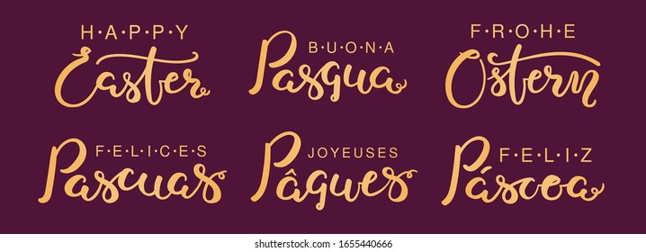 Set of hand written lettering quotes Happy Easter in English, Italian, Spanish, Portuguese, German, French. Isolated gold on purple. Vector illustration. Flat style design. Concept, element for card.