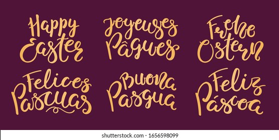 Set of hand written lettering quotes Happy Easter in English, Italian, Spanish, Portuguese, German, French. Isolated gold on purple. Vector illustration. Flat style design. Concept, element for card.