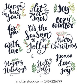 Set of hand written lettering typography phrases about Merry Christmas and Happy New year. 'Tis the season to be jolly, holly jolly, peace, love, joy words for cards, posters, banners