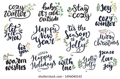 Set of hand written lettering typography phrases about Merry Christmas and Happy New year. 'Tis the season to be jolly, holly jolly, peace, love, joy words for cards, posters, banners,cozy winter