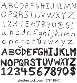 A set of hand written letters and numbers.  The complete alphabet doodled in both upper and lower case in an easily editable vector format.