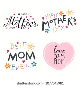 Set of hand written Mothers Day lettering quotes, with hearts. Isolated objects on white background. Vector illustration. Design concept for banner, greeting card.